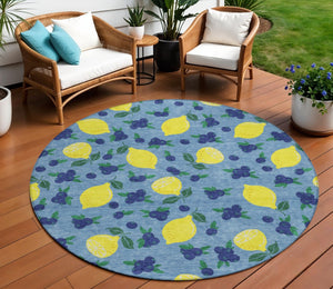HomeRoots 8' Denim Blue Round Lemons Area Rug - Vibrant, Washable, Durable for Indoor & Outdoor Spaces 661131