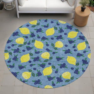 HomeRoots 8' Denim Blue Round Lemons Area Rug - Vibrant, Washable, Durable for Indoor & Outdoor Spaces 661131