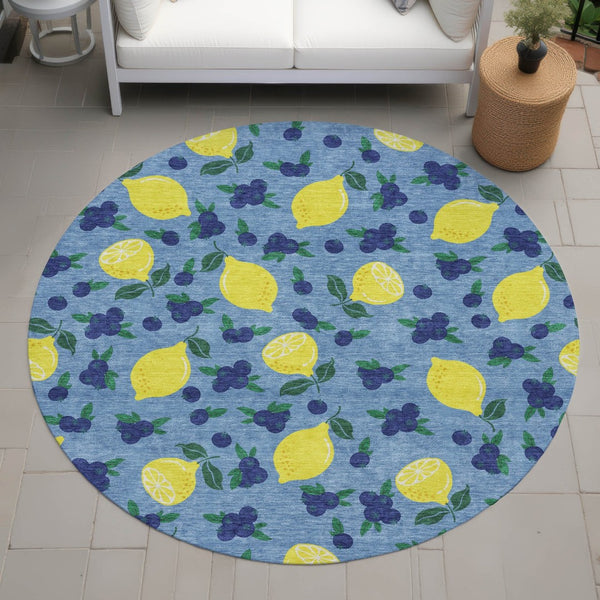 HomeRoots 8' Denim Blue Round Lemons Area Rug - Vibrant, Washable, Durable for Indoor & Outdoor Spaces 661131