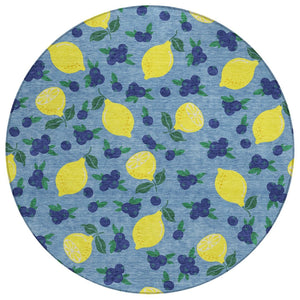 HomeRoots 8' Denim Blue Round Lemons Area Rug - Vibrant, Washable, Durable for Indoor & Outdoor Spaces 661131