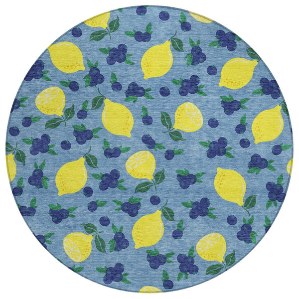 HomeRoots 8' Denim Blue Round Lemons Area Rug - Vibrant, Washable, Durable for Indoor & Outdoor Spaces 661131