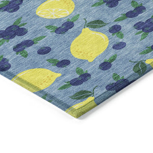 HomeRoots 8' Denim Blue Round Lemons Area Rug - Vibrant, Washable, Durable for Indoor & Outdoor Spaces 661131