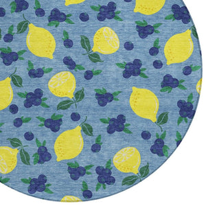 HomeRoots 8' Denim Blue Round Lemons Area Rug - Vibrant, Washable, Durable for Indoor & Outdoor Spaces 661131