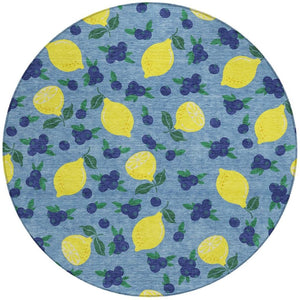 HomeRoots 8' Denim Blue Round Lemons Area Rug - Vibrant, Washable, Durable for Indoor & Outdoor Spaces 661131
