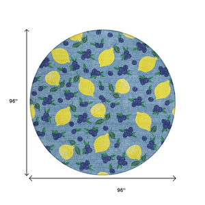 HomeRoots 8' Denim Blue Round Lemons Area Rug - Vibrant, Washable, Durable for Indoor & Outdoor Spaces 661131