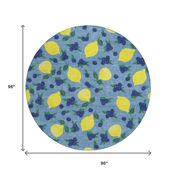 HomeRoots 8' Denim Blue Round Lemons Area Rug - Vibrant, Washable, Durable for Indoor & Outdoor Spaces 661131