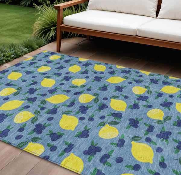 HomeRoots 10' Indoor Outdoor Area Rug - Vibrant Lemon Motif in Denim Blue, Yellow & Green - Washable & Durable! 661134