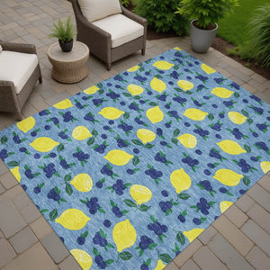 HomeRoots 10' Indoor Outdoor Area Rug - Vibrant Lemon Motif in Denim Blue, Yellow & Green - Washable & Durable! 661134