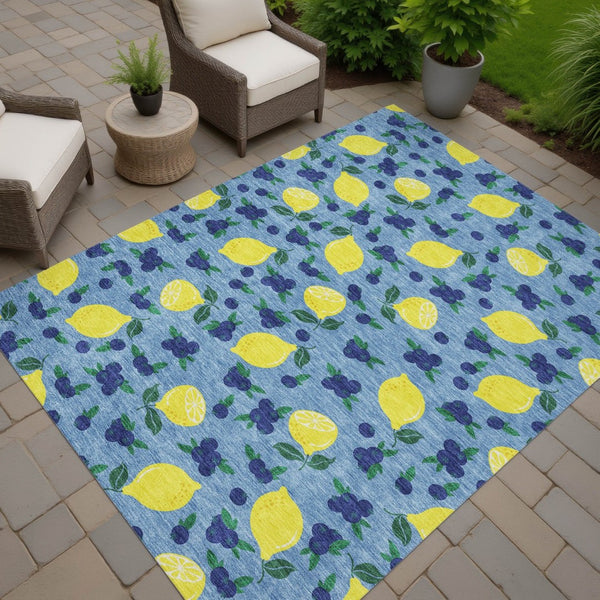 HomeRoots 10' Indoor Outdoor Area Rug - Vibrant Lemon Motif in Denim Blue, Yellow & Green - Washable & Durable! 661134