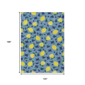 HomeRoots 10' Indoor Outdoor Area Rug - Vibrant Lemon Motif in Denim Blue, Yellow & Green - Washable & Durable! 661134