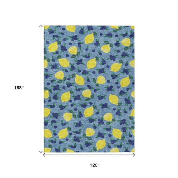 HomeRoots 10' Indoor Outdoor Area Rug - Vibrant Lemon Motif in Denim Blue, Yellow & Green - Washable & Durable! 661134