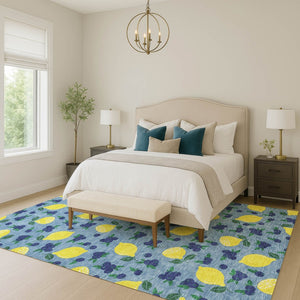 HomeRoots 10' Indoor Outdoor Area Rug - Vibrant Lemon Motif in Denim Blue, Yellow & Green - Washable & Durable! 661134