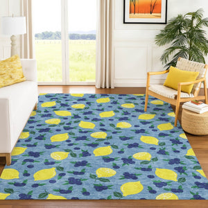 HomeRoots 10' Indoor Outdoor Area Rug - Vibrant Lemon Motif in Denim Blue, Yellow & Green - Washable & Durable! 661134