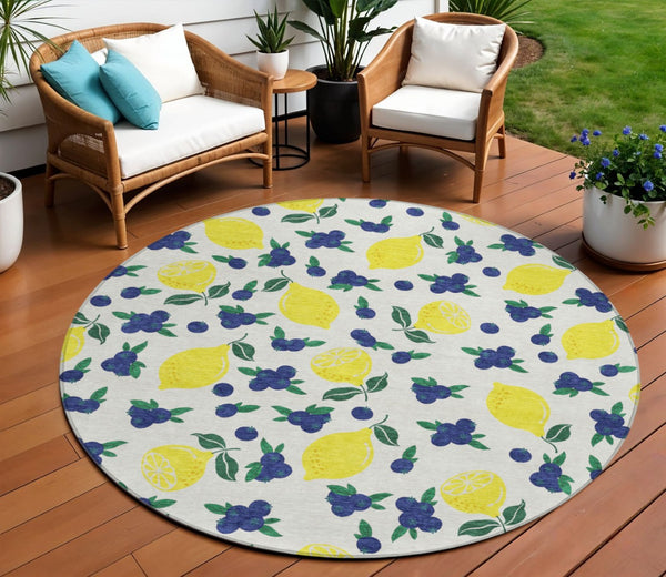 HomeRoots 8' Round Lemons Washable Area Rug - Brighten Indoor & Outdoor Spaces with Durable, Stylish Design 661137
