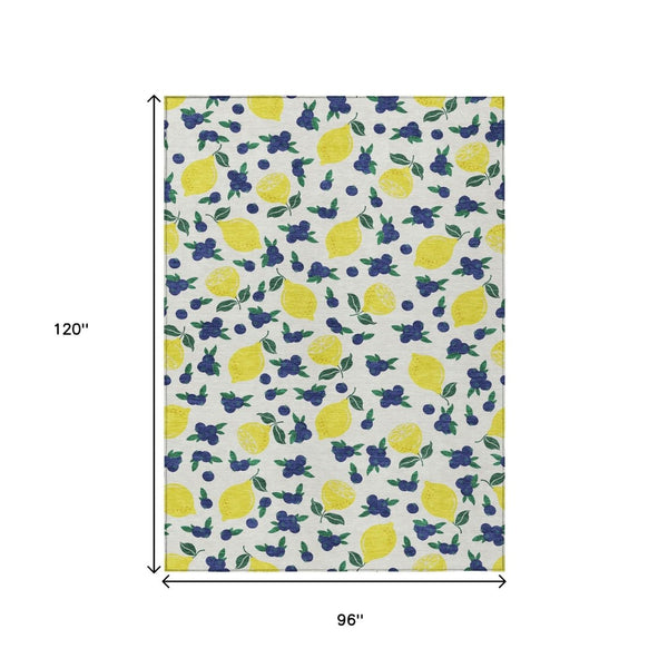 HomeRoots 8' X 10' Stylish Ivory Yellow Blue Lemon Area Rug - Washable, Durable, Indoor/Outdoor Versatility! 661138