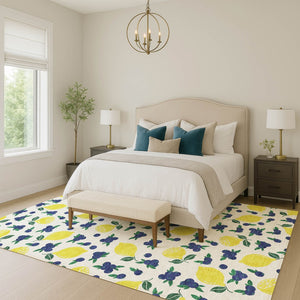 HomeRoots 8' X 10' Stylish Ivory Yellow Blue Lemon Area Rug - Washable, Durable, Indoor/Outdoor Versatility! 661138