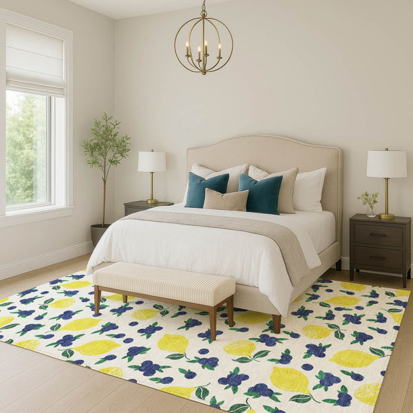 HomeRoots 8' X 10' Stylish Ivory Yellow Blue Lemon Area Rug - Washable, Durable, Indoor/Outdoor Versatility! 661138