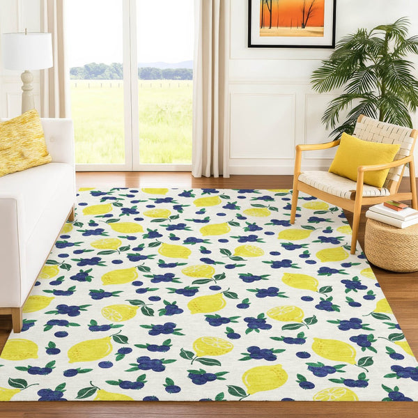 HomeRoots 8' X 10' Stylish Ivory Yellow Blue Lemon Area Rug - Washable, Durable, Indoor/Outdoor Versatility! 661138