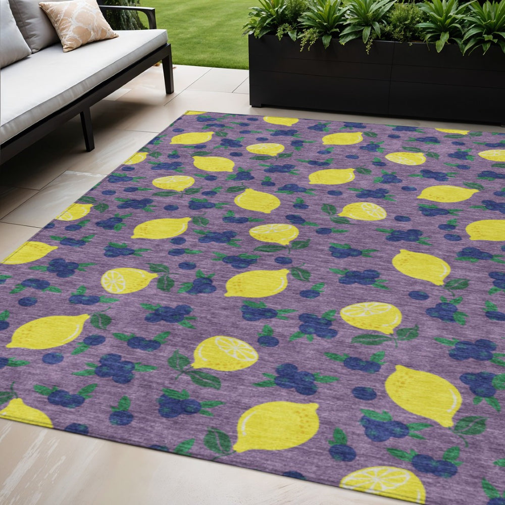 HomeRoots 5' X 8' Indoor Outdoor Area Rug with Cheerful Lavender Yellow Blue Lemons Design – Machine Washable! 661142