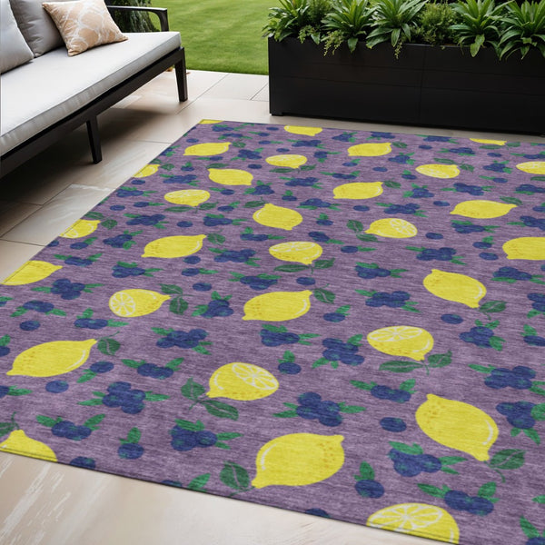 HomeRoots 5' X 8' Indoor Outdoor Area Rug with Cheerful Lavender Yellow Blue Lemons Design – Machine Washable! 661142