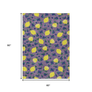 HomeRoots 5' X 8' Indoor Outdoor Area Rug with Cheerful Lavender Yellow Blue Lemons Design – Machine Washable! 661142