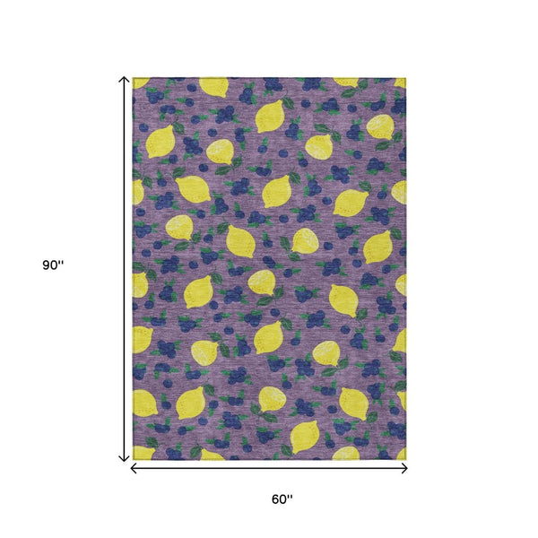 HomeRoots 5' X 8' Indoor Outdoor Area Rug with Cheerful Lavender Yellow Blue Lemons Design – Machine Washable! 661142