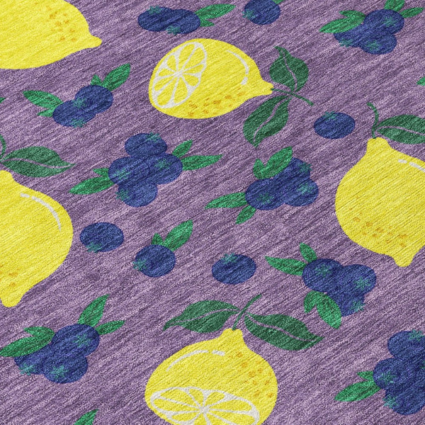 HomeRoots 5' X 8' Indoor Outdoor Area Rug with Cheerful Lavender Yellow Blue Lemons Design – Machine Washable! 661142