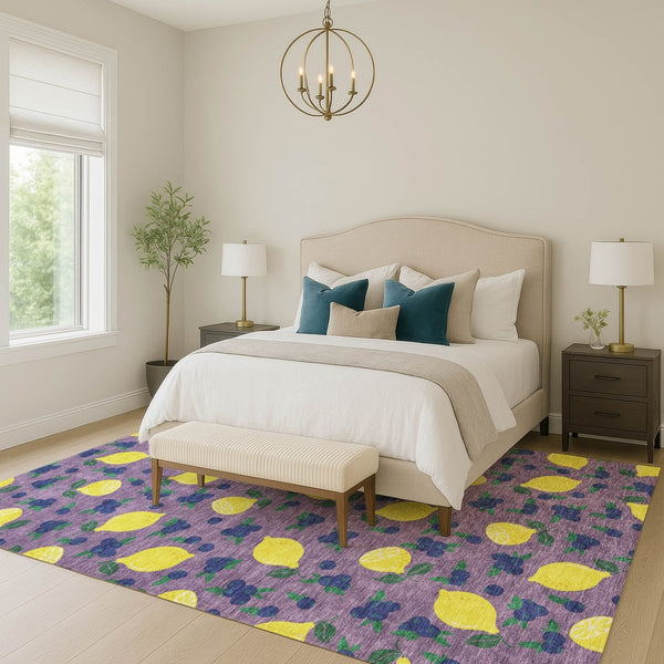 HomeRoots 5' X 8' Indoor Outdoor Area Rug with Cheerful Lavender Yellow Blue Lemons Design – Machine Washable! 661142