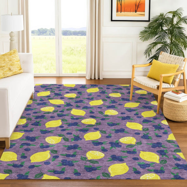 HomeRoots 5' X 8' Indoor Outdoor Area Rug with Cheerful Lavender Yellow Blue Lemons Design – Machine Washable! 661142