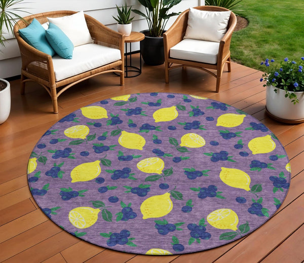 HomeRoots 8' Round Lemons Washable Indoor Outdoor Area Rug in Lavender, Yellow & Blue – Bright and Durable! 661143