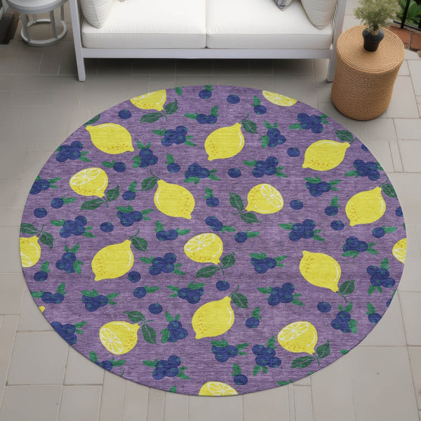 HomeRoots 8' Round Lemons Washable Indoor Outdoor Area Rug in Lavender, Yellow & Blue – Bright and Durable! 661143