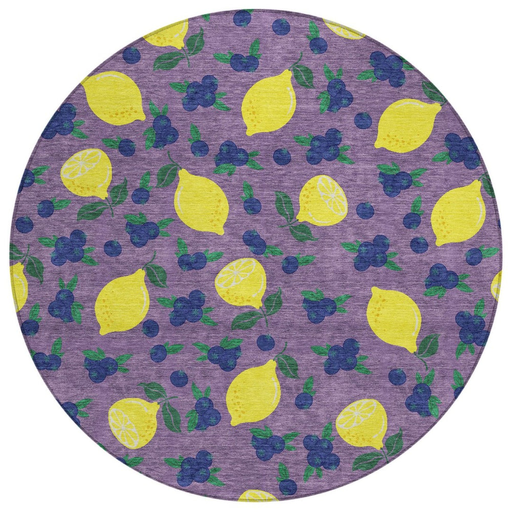 HomeRoots 8' Round Lemons Washable Indoor Outdoor Area Rug in Lavender, Yellow & Blue – Bright and Durable! 661143