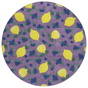 HomeRoots 8' Round Lemons Washable Indoor Outdoor Area Rug in Lavender, Yellow & Blue – Bright and Durable! 661143
