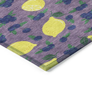 HomeRoots 8' Round Lemons Washable Indoor Outdoor Area Rug in Lavender, Yellow & Blue – Bright and Durable! 661143