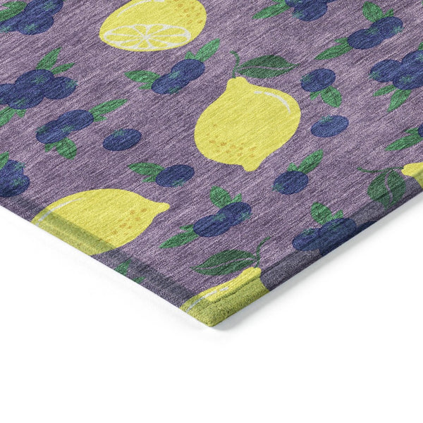HomeRoots 8' Round Lemons Washable Indoor Outdoor Area Rug in Lavender, Yellow & Blue – Bright and Durable! 661143
