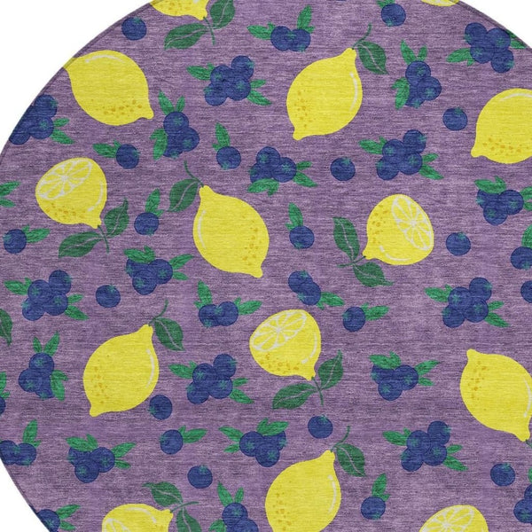 HomeRoots 8' Round Lemons Washable Indoor Outdoor Area Rug in Lavender, Yellow & Blue – Bright and Durable! 661143