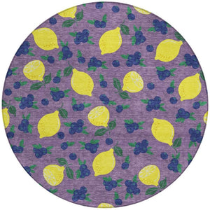 HomeRoots 8' Round Lemons Washable Indoor Outdoor Area Rug in Lavender, Yellow & Blue – Bright and Durable! 661143
