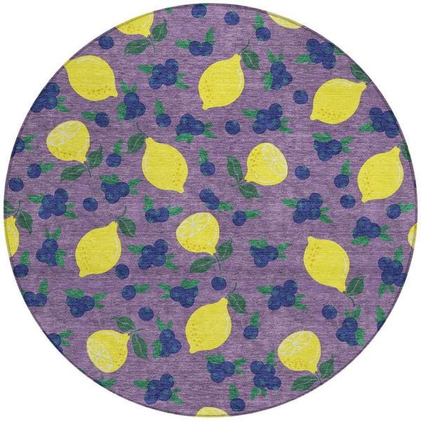 HomeRoots 8' Round Lemons Washable Indoor Outdoor Area Rug in Lavender, Yellow & Blue – Bright and Durable! 661143