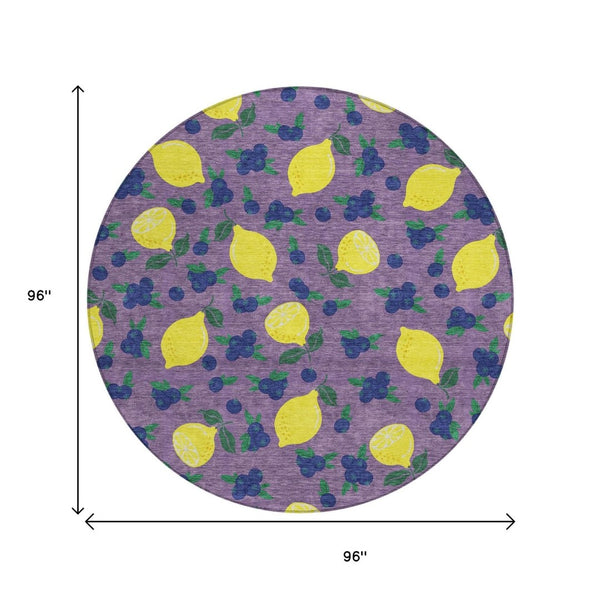 HomeRoots 8' Round Lemons Washable Indoor Outdoor Area Rug in Lavender, Yellow & Blue – Bright and Durable! 661143