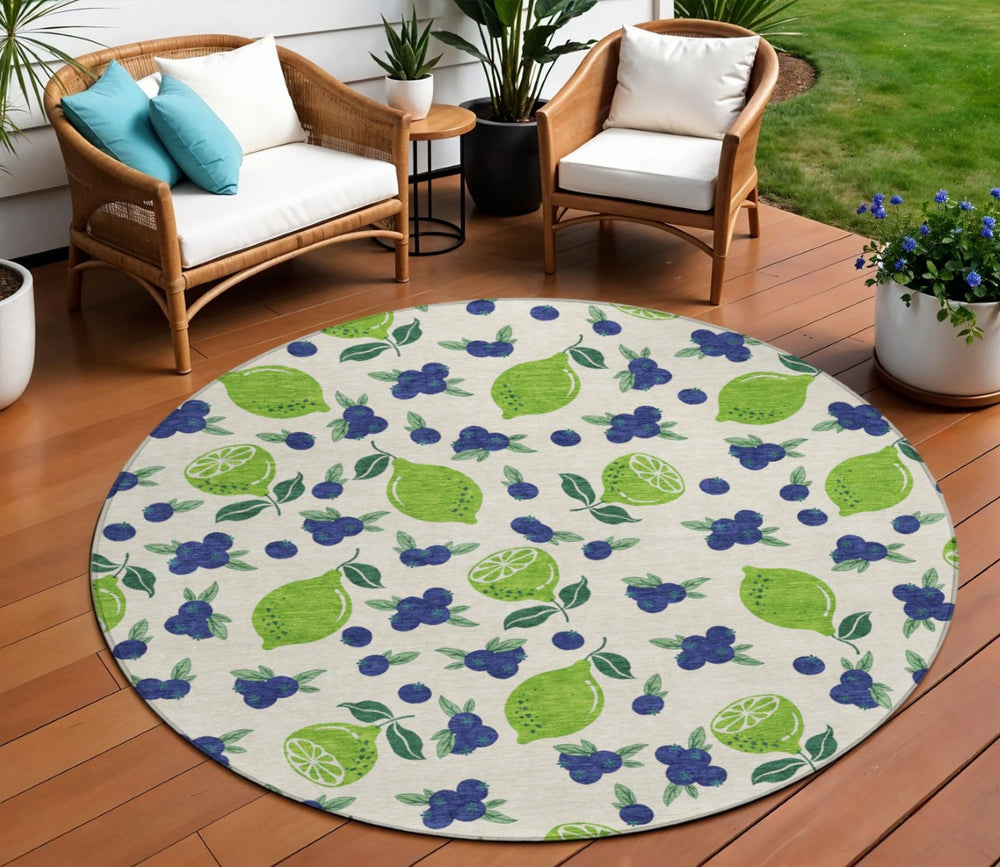 HomeRoots 8' Washable Indoor Outdoor Round Area Rug with Bright Green & Blue Lemons – Durable & Stylish Design 661149