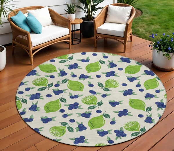HomeRoots 8' Washable Indoor Outdoor Round Area Rug with Bright Green & Blue Lemons – Durable & Stylish Design 661149