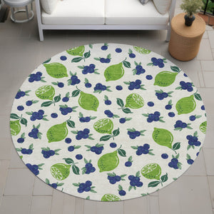 HomeRoots 8' Washable Indoor Outdoor Round Area Rug with Bright Green & Blue Lemons – Durable & Stylish Design 661149