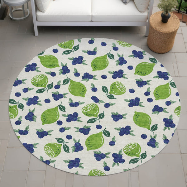 HomeRoots 8' Washable Indoor Outdoor Round Area Rug with Bright Green & Blue Lemons – Durable & Stylish Design 661149