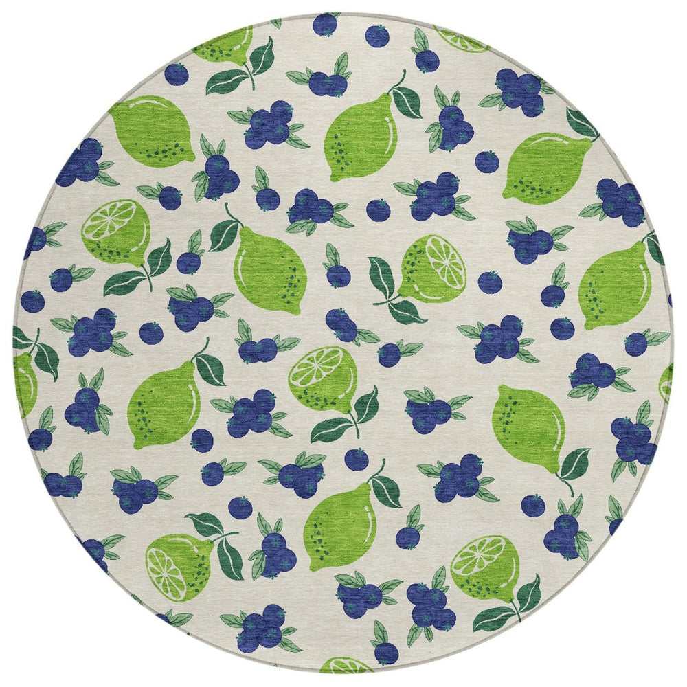 HomeRoots 8' Washable Indoor Outdoor Round Area Rug with Bright Green & Blue Lemons – Durable & Stylish Design 661149
