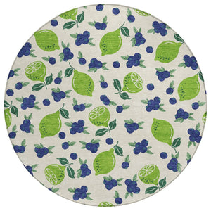 HomeRoots 8' Washable Indoor Outdoor Round Area Rug with Bright Green & Blue Lemons – Durable & Stylish Design 661149
