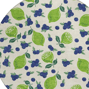 HomeRoots 8' Washable Indoor Outdoor Round Area Rug with Bright Green & Blue Lemons – Durable & Stylish Design 661149