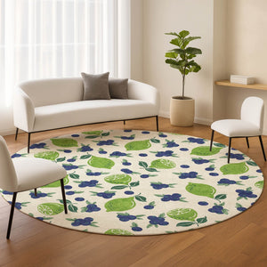 HomeRoots 8' Washable Indoor Outdoor Round Area Rug with Bright Green & Blue Lemons – Durable & Stylish Design 661149