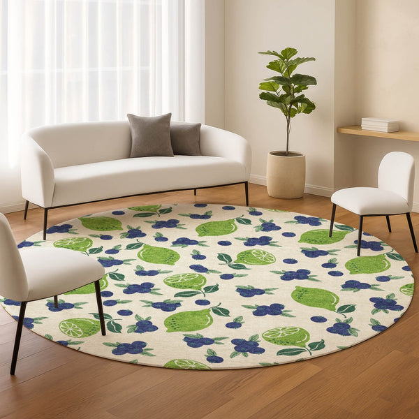 HomeRoots 8' Washable Indoor Outdoor Round Area Rug with Bright Green & Blue Lemons – Durable & Stylish Design 661149