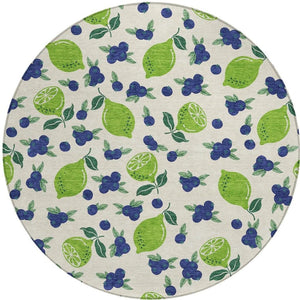 HomeRoots 8' Washable Indoor Outdoor Round Area Rug with Bright Green & Blue Lemons – Durable & Stylish Design 661149
