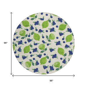 HomeRoots 8' Washable Indoor Outdoor Round Area Rug with Bright Green & Blue Lemons – Durable & Stylish Design 661149